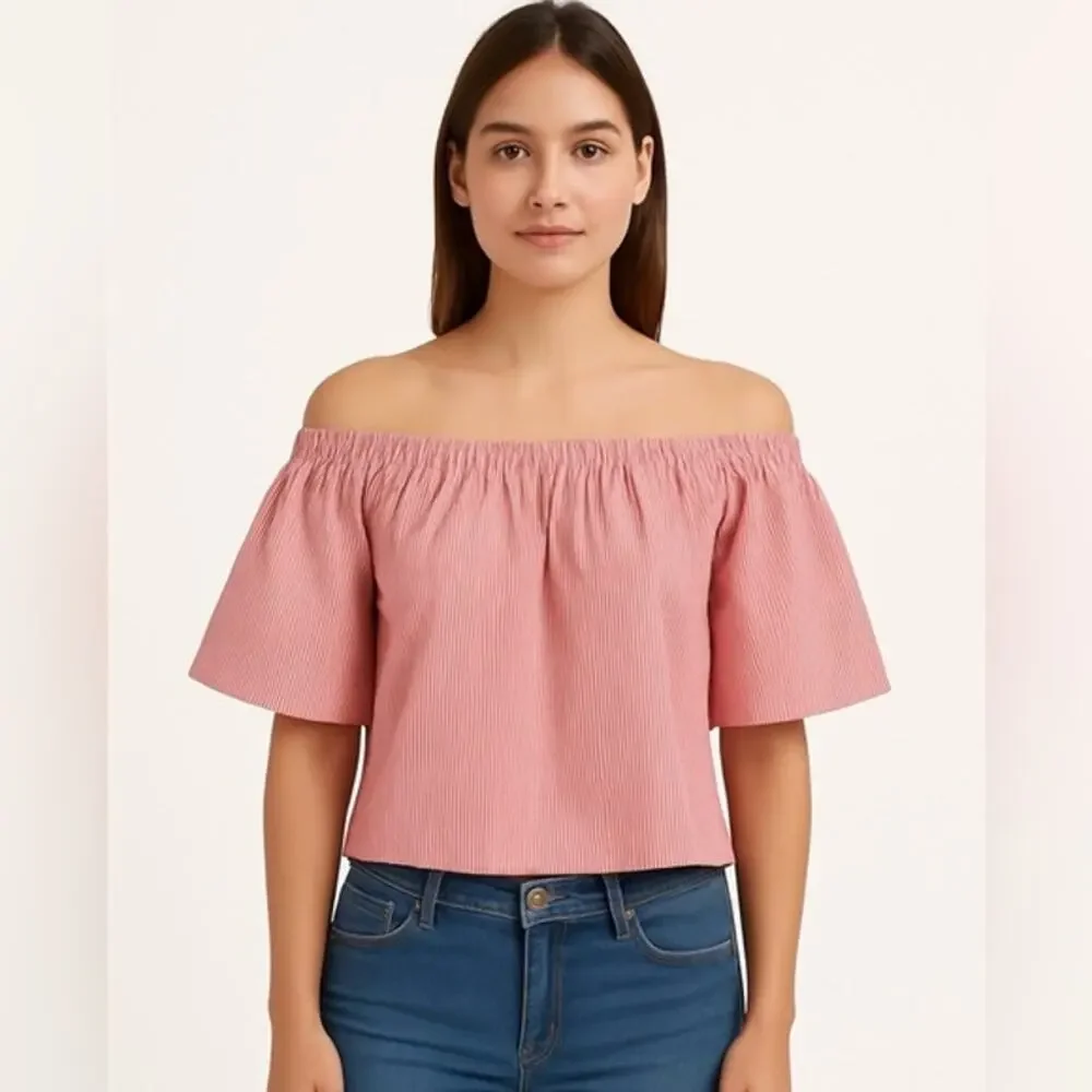 Reformation Women's Red and White Pinstripe Off the Shoulder Top Size XS